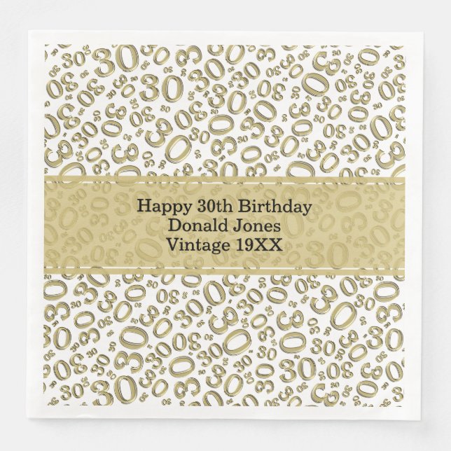 30th Birthday Age Number Pattern Gold/White Paper Dinner Napkins (Front)