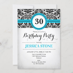 30th Birthday - Aqua Blue Black White Damask Invitation