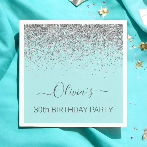 30th Birthday Aqua Blue Teal Silver Glitter Napkins