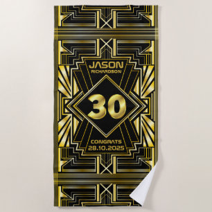 30th Birthday Art Deco Gold Black Great Gatsby Beach Towel