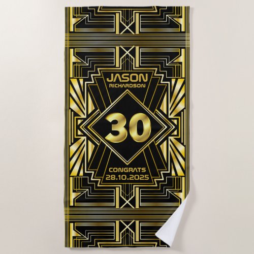 30th Birthday Art Deco Gold Black Great Gatsby Beach Towel