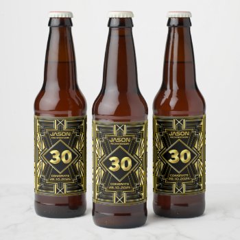 30th Birthday Art Deco Gold Black Great Gatsby Beer Bottle Label by BCVintageLove at Zazzle
