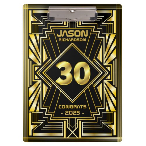 30th Birthday Art Deco Gold Black Great Gatsby Clipboard