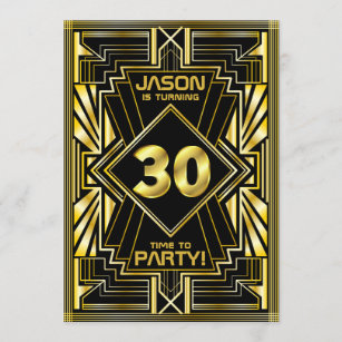 30th Birthday Art Deco Gold Black Great Gatsby Invitation