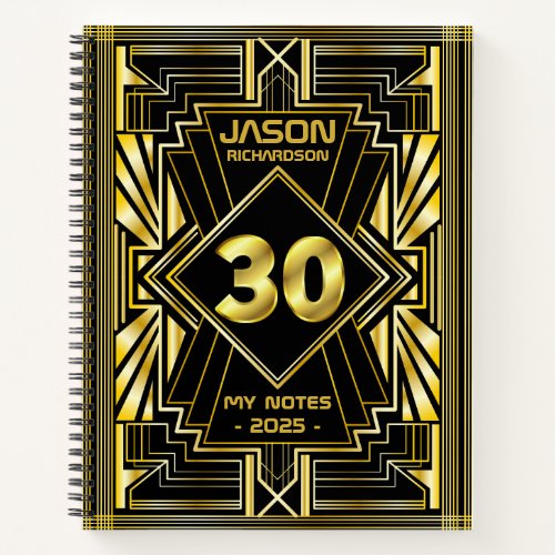 30th Birthday Art Deco Gold Black Great Gatsby Notebook
