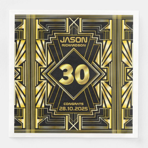 30th Birthday Art Deco Gold Black Great Gatsby Paper Dinner Napkins