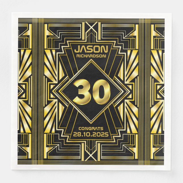 30th Birthday Art Deco Gold Black Great Gatsby Paper Dinner Napkins (Front)