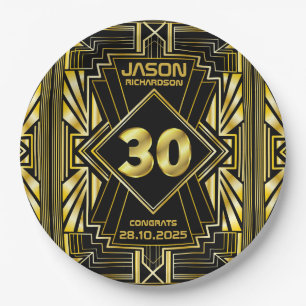 30th Birthday Art Deco Gold Black Great Gatsby Paper Plates