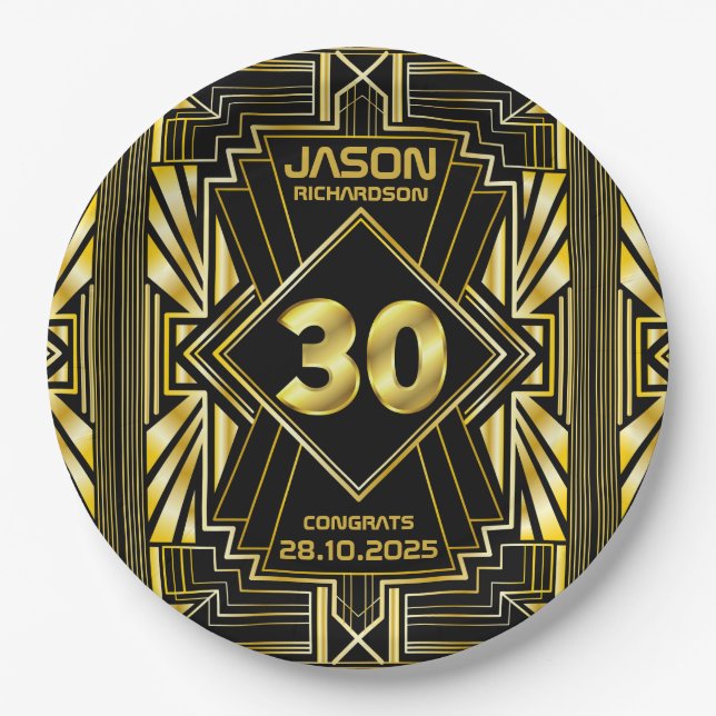 30th Birthday Art Deco Gold Black Great Gatsby Paper Plates (Front)