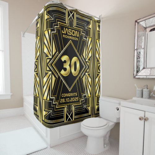 30th Birthday Art Deco Gold Black Great Gatsby Shower Curtain