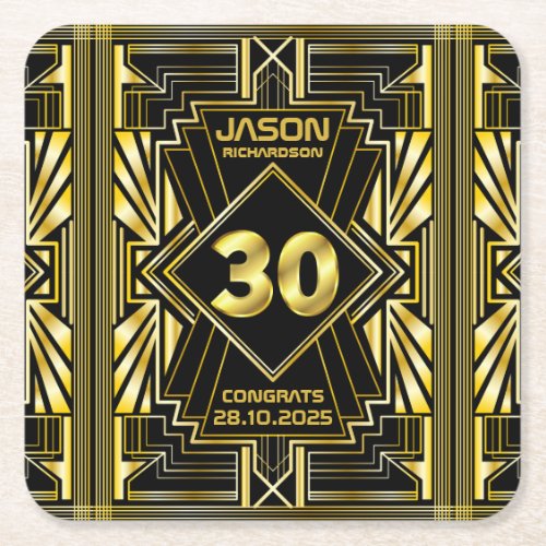 30th Birthday Art Deco Gold Black Great Gatsby Square Paper Coaster
