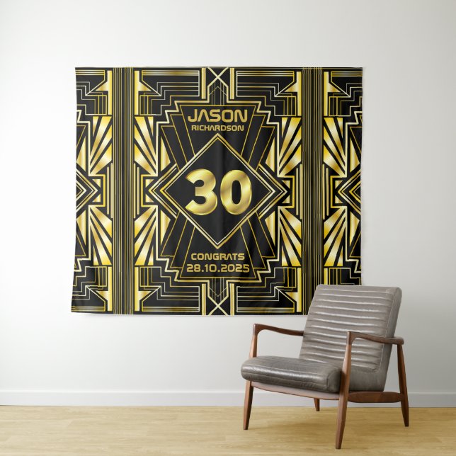 30th Birthday Art Deco Gold Black Great Gatsby Tapestry (In Situ (Horizontal))