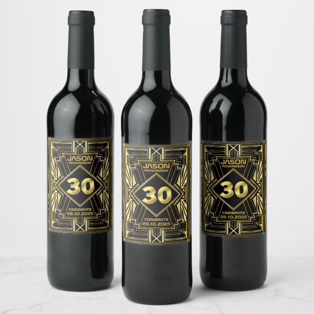 30th Birthday Art Deco Gold Black Great Gatsby Wine Label (Bottles)