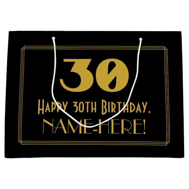 30th Birthday — Art Deco Inspired Look "30" & Name Large Gift Bag (Front)