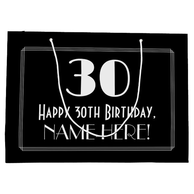 30th Birthday: Art Deco Inspired Style "30", Name Large Gift Bag (Back)