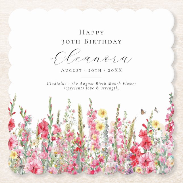 30th Birthday August Birth Month Flower Custom Paper Coaster (Front)