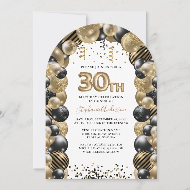 30th Birthday Balloon Gold Black Sparkle Invitation (Front)