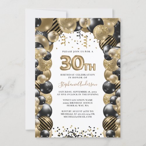 30th Birthday Balloon Gold Black Sparkle Invitation