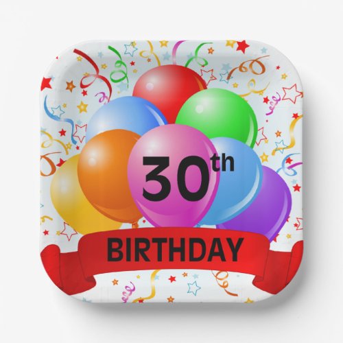 30th Birthday Balloons Banner Paper Plates