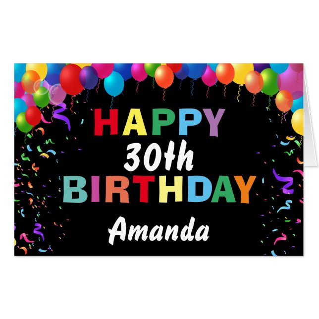 30th Birthday Balloons Black Extra Large Jumbo Card (Front Horizontal)