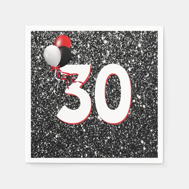 30th Birthday Balloons on Black Glitter Napkins (Front)