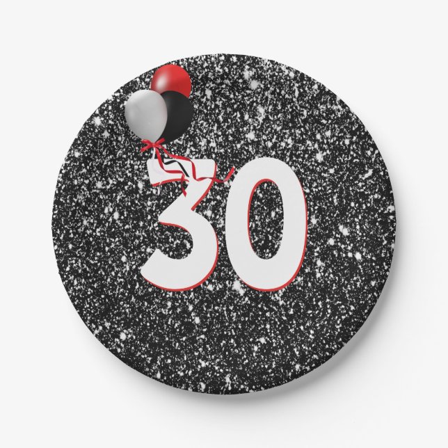 30th Birthday Balloons on Black Glitter Paper Plates (Front)