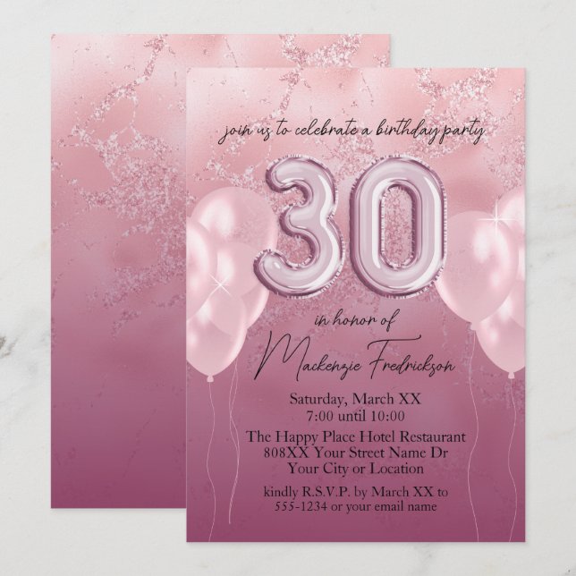 30th Birthday Balloons on Pink Glitter Marble Invitation (Front/Back)