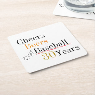 30th Birthday Baseball Cheers and Beers Party Square Paper Coaster