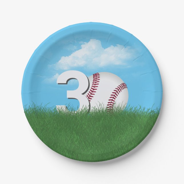 30th Birthday Baseball In Green Grass Paper Plates (Front)