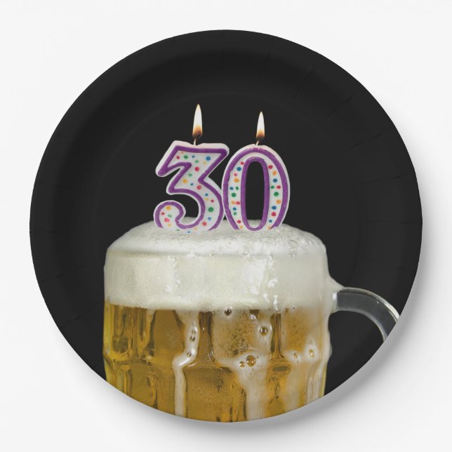 30th Birthday Beer on black Paper Plates (Front)