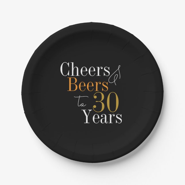 30th Birthday Beers and Cheers Black Gold Party Paper Plates (Front)