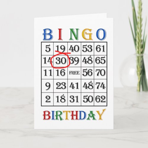 30th Birthday Bingo card