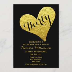30th Birthday Black and Faux Gold Heart Invitation
