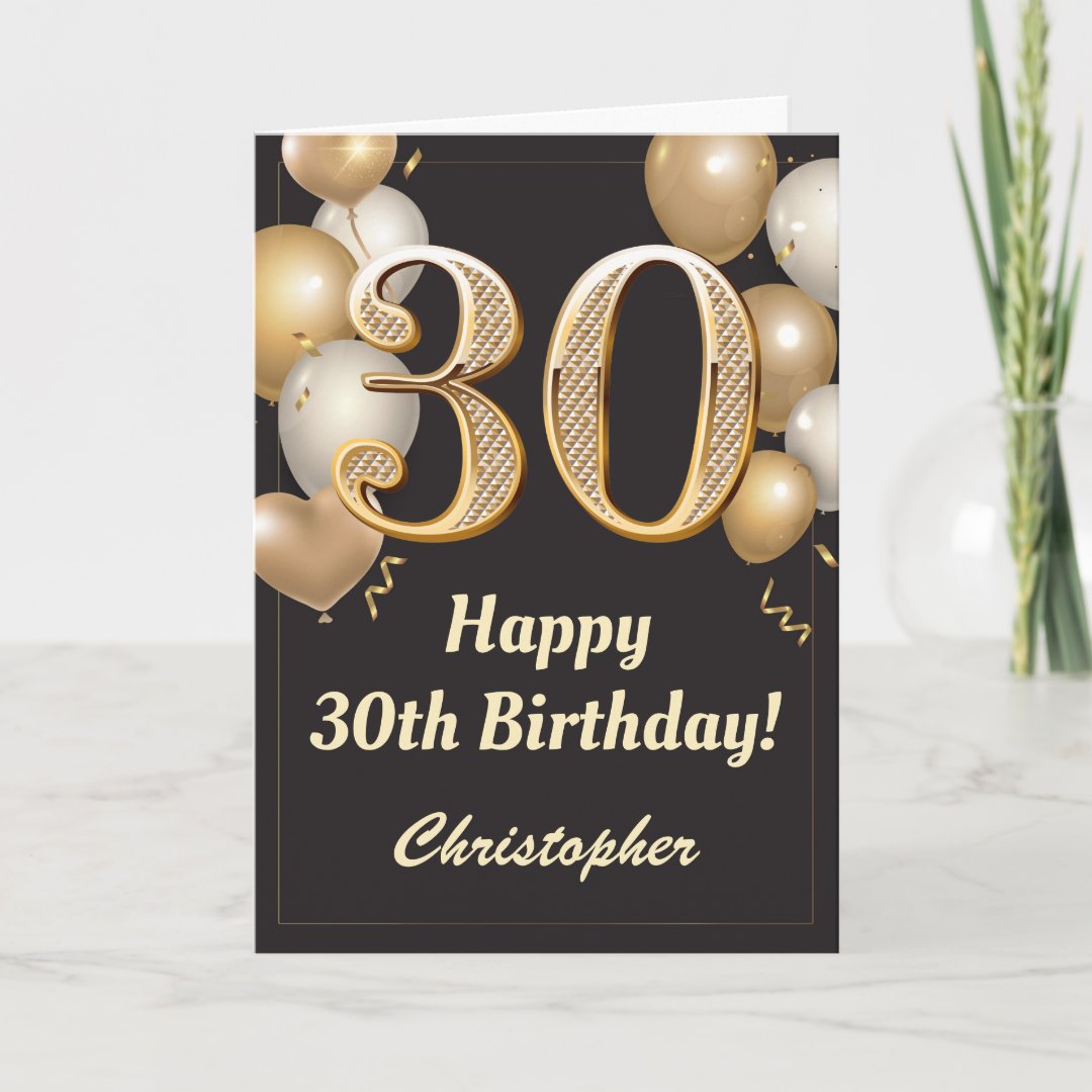 30th Birthday Black and Gold Balloons Confetti Card | Zazzle