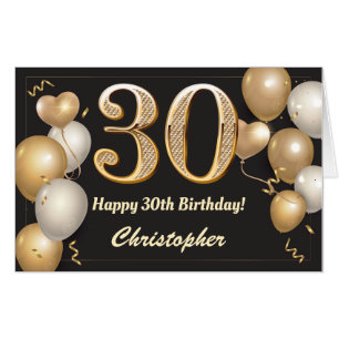 30th Birthday Black and Gold Balloons Extra Large Card