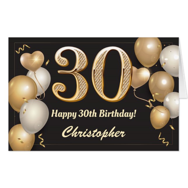 30th Birthday Black and Gold Balloons Extra Large Card (Front Horizontal)