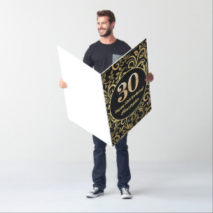 30th Birthday Black and Gold Floral Pattern Large Card