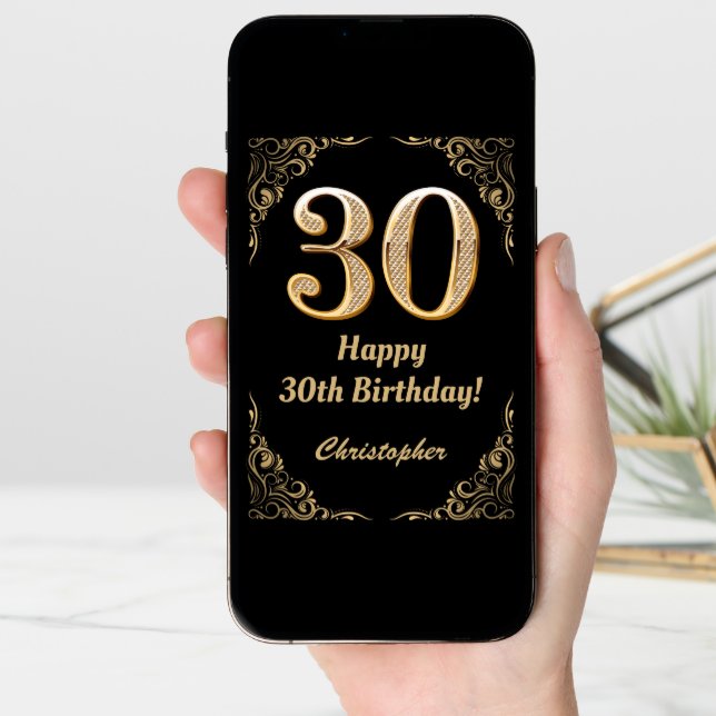 30th Birthday Black and Gold Glitter Frame Card (Front Digital)