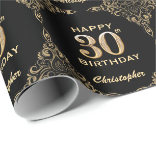 30th Birthday Black and Gold Glitter Frame Wrapping Paper