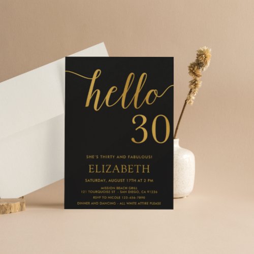 30th Birthday Black and Gold Hello 30 Invitation
