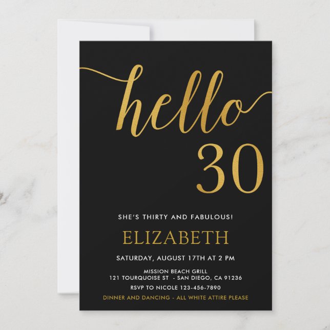 30th Birthday Black and Gold Hello 30 Invitation (Front)
