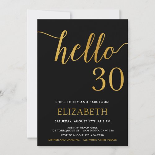 30th Birthday Black and Gold Hello 30 Invitation