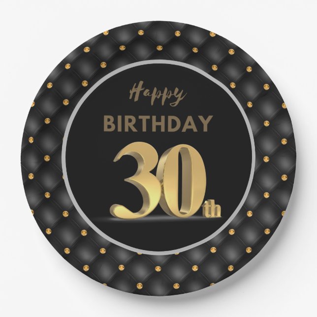 30th Birthday Black and Gold  Paper Plates (Front)