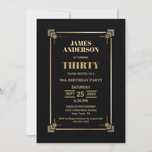 30th Birthday Black and Gold Party Invitation (Front)