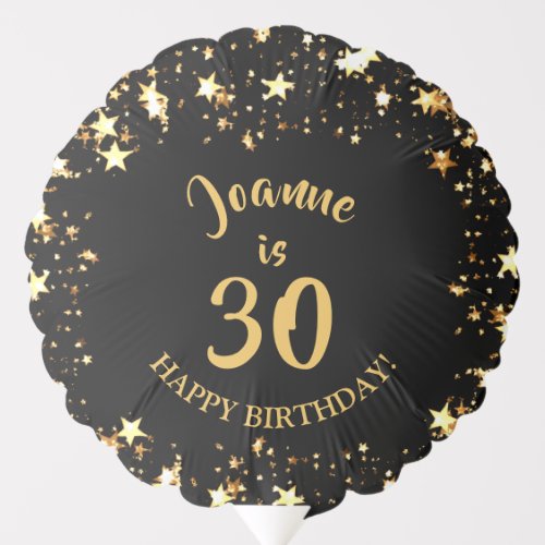 30th Birthday Black and Gold Stars Name Balloon