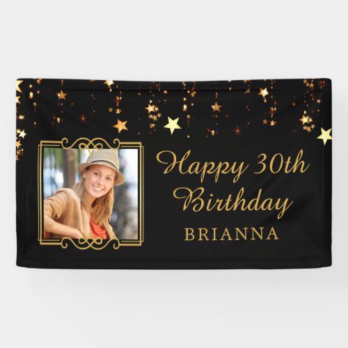 30th Birthday Black and Gold Stars Personalized Banner