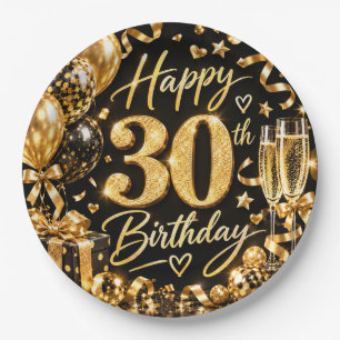 30th Birthday Black and Gold themed Paper Plates