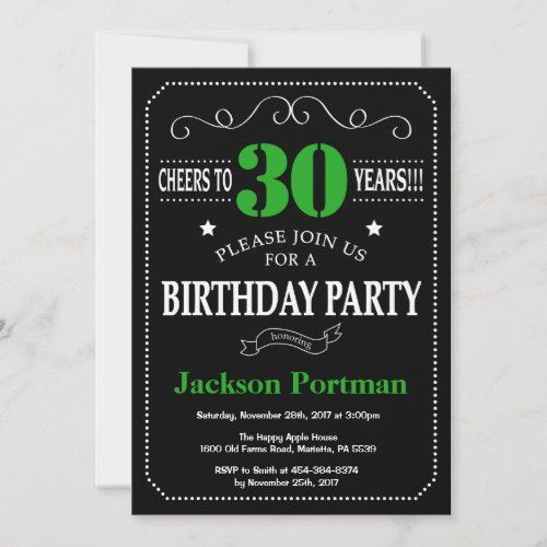 30th Birthday Black and Green Chalkboard Invitation