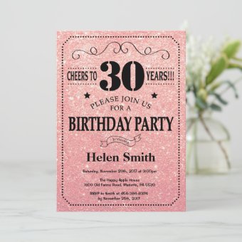 30th Birthday Black and Pink Rose Gold Glitter Invitation | Zazzle