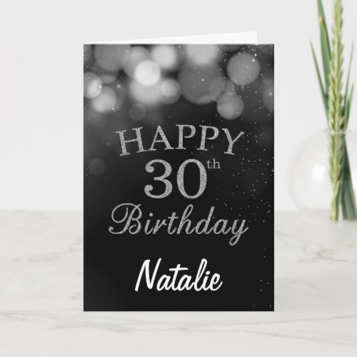 30th Birthday Black and Silver Glitter Card